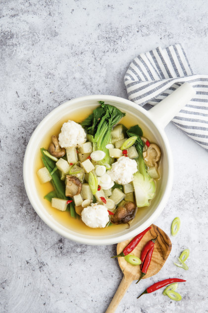 Asian vegetable soup with fish balls