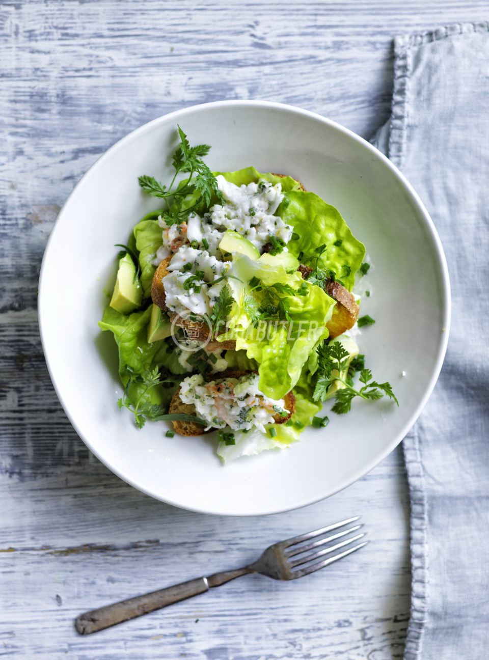 Lettuce and avocado salad, garlic bread and crab and herb mayonnaise | preview