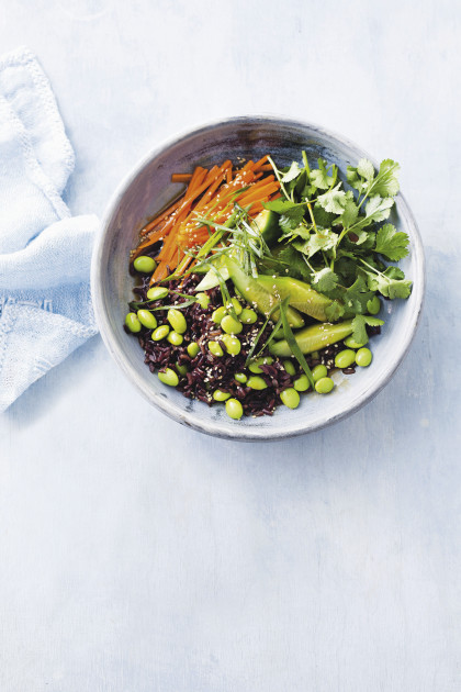 Black rice salad with edamame beans, cucumber, carrots and coriander